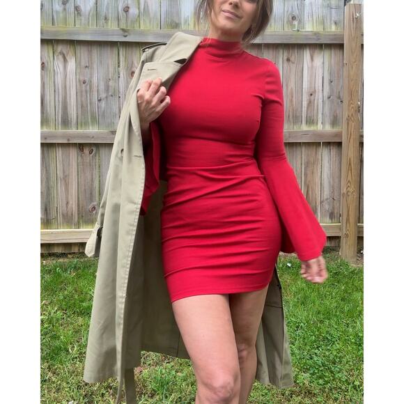 Y2K Vintage Red Bell Sleeve Dress Bodycon Date Night - Picture 1 of 10